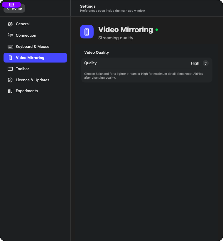The real IphoneMirrorSolution Video Mirroring settings with Balanced and High quality options.